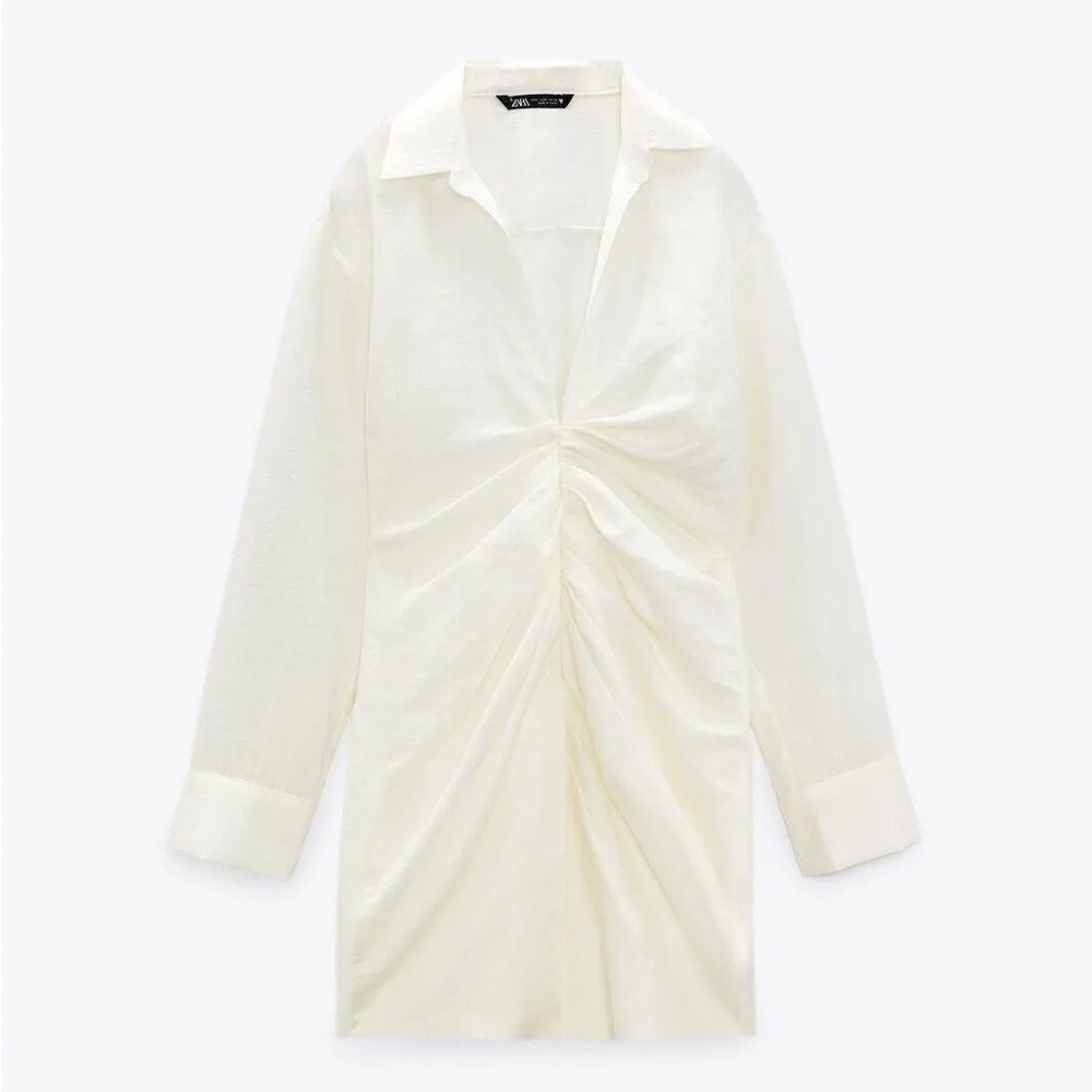 🆕 ZARA Ivory Shirt Dress Gathered Waist Long Sleeve